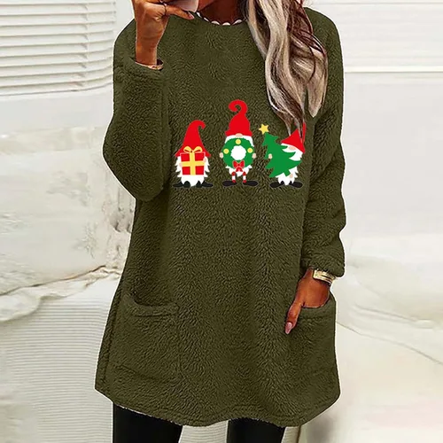 Vista 2 de Sudaderas de cuello redondo para mujer, cálidas, de sherpa, de vellón, suave, con bolsillos, para Navidad