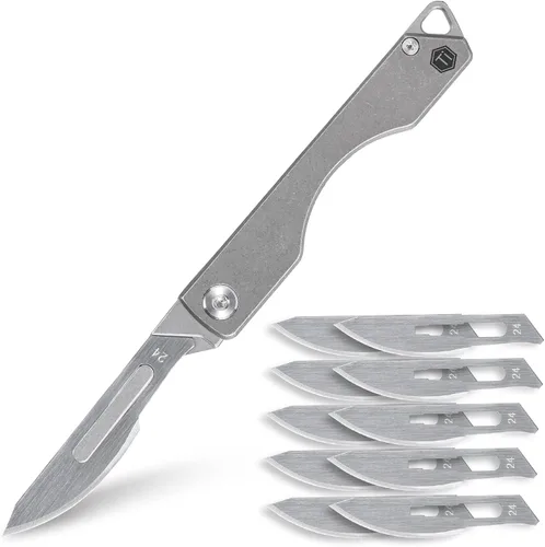 Vista 15 de KeyUnity KK01 Cuchillo plegable de titanio, cuchillo de bolsillo EDC con hoja reemplazable #24, para caza al aire libre, campamento, pesca