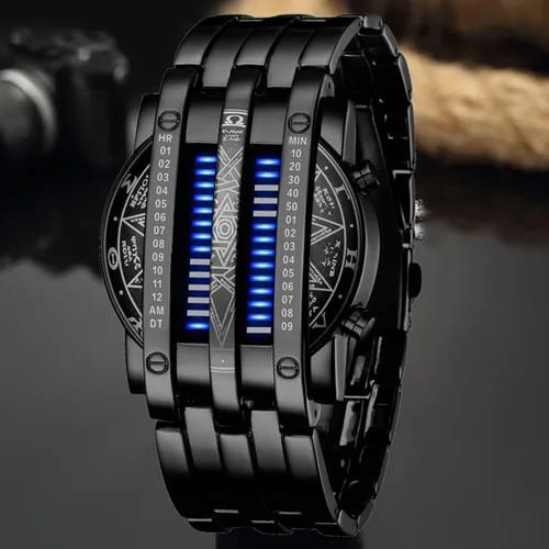 Vista 2 de Binary Matrix Blue led - Reloj Digital para hombre, moda clásica y creativa, color negro chapado