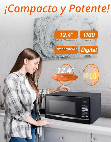 Vista 4 de COMMERCIAL CHEF Microondas de 1.4 pies cúbicos con 10 niveles de potencia, microondas pequeño con botón pulsador, microondas de 1100 vatios con Negro
