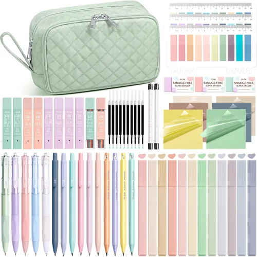 Vista 10 de 62 piezas de suministros escolares estéticos con lindo estuche de lápices, resaltadores en colores pastel, bolígrafos de gel de tinta negra, lápices