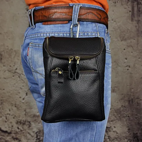 Vista 2 de Mini bolso de mensajero de cuero genuino para hombre, bolso de hombro con gancho en la cintura, bolsa multiusos Daypack caja de regalo