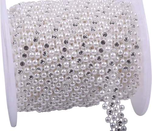 Vista 12 de KAOYOO Cinta con diamantes de imitación, 10 yardas con perlas de imitación, rollo de cuentas florales de perlas sintéticas para vestidos de boda