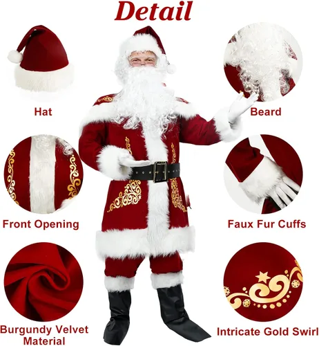 Vista 4 de Disfraz de Papá Noel de Navidad para hombres, traje de Papá Noel de lujo para adultos, 10 piezas, disfraz de terciopelo de Papá Noel para hombres