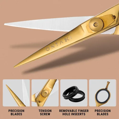 Vista 4 de Ontaki Tijeras para barba y bigote para hombre, acero japonés de 5.5 pulgadas, latón dorado, cuchillas afiladas, reposapiés ergonómico y tornillo