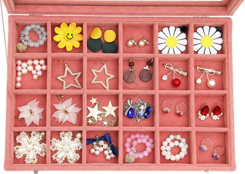 Vista 2 de Wudygirl Organizador de joyas, bandeja de terciopelo para joyas, caja de joyería de 24 rejillas con tapa, apilable, almacenamiento de joyas