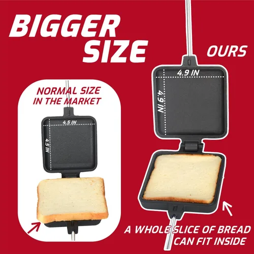 Vista 3 de Campfire Pie Iron - Sandwichera grande de hierro fundido de 4.9 pulgadas para camping, 2 piezas con bolsa de almacenamiento, asas ajustables de 21.7