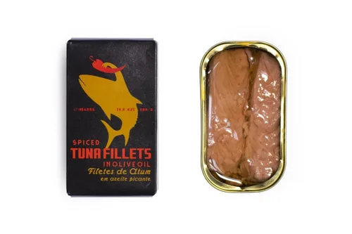 Vista 3 de Filetes de atún portugués especiados enlatados en aceite de oliva capturado en la naturaleza Vitaminas B, Omega-3 Pescado enlatado de Ati Manel