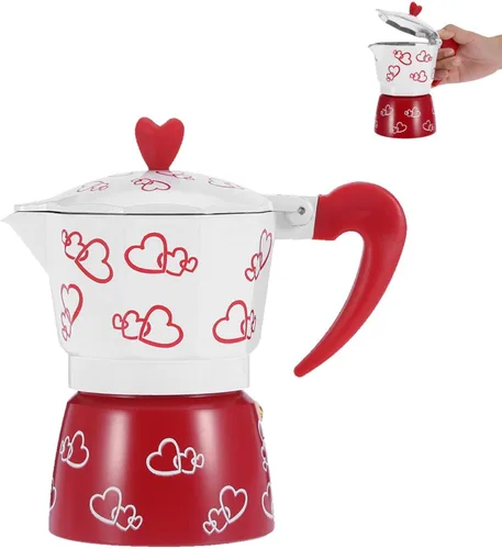 Vista 8 de HERCHR Red Heart - Olla de aluminio para moka, cafetera de café expreso con mango ergonómico antideslizante para verter sobre la cafetera