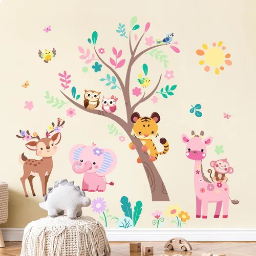 Vista 2 de Supzone Calcomanías de pared de árbol de animales de la selva, elefante rosa, jirafa, calcomanías de pared para niños y niñas, dormitorio, sala