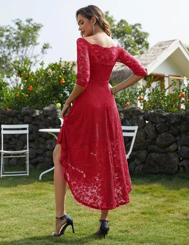 Vista 2 de MUADRESS Vestido de fiesta de dama de honor de encaje floral para mujer, dobladillo alto y bajo, cuello en V, vestidos formales para boda, cóctel