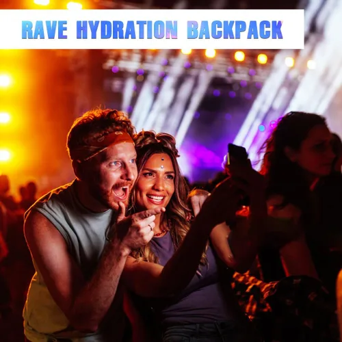 Vista 2 de Mochila de hidratación, paquete de hidratación para festivales y raves, mochila de agua con bolsa de hidratación de 2L, mochila de hidratación