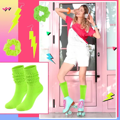 Vista 6 de Calcetines holgados de neón para mujer, calcetines altos hasta la rodilla de los años 80 y 90 con aretes de neón y coleteros para fiesta de los años