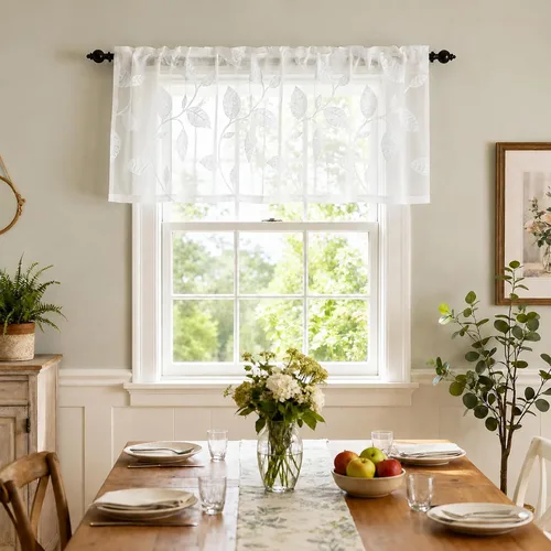 Vista 17 de VOGOL Juego de cortinas transparentes bordadas y cenefas para sala de estar, con bolsillo para barra blanca, par de cortinas traslúcidas