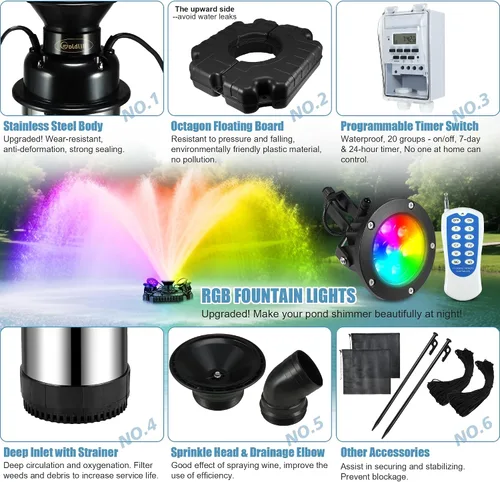 Vista 3 de Goldlife Aireador de Fuente de Estanque, F3 Con 4 Luces RGB, 1HP 750W 110V Fuente Flotante de Acero Inoxidable Con Cable de Alimentación de 100