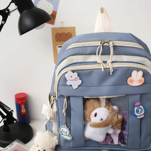 Vista 4 de Mochila Kawaii con colgantes y alfileres Kawaii, juego de 5 piezas, mochila kawaii para adolescentes y niñas, mochila escolar, Azul, Mochilas