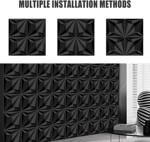 Vista 6 de Paneles decorativos de pared 3D, paquete de 33 azulejos texturizados de PVC de 12 x 12 pulgadas, color negro, cubre 33 pies cuadrados, arte de pared