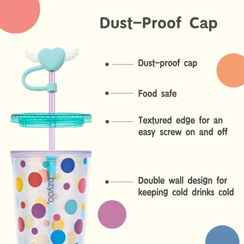 Vista 5 de bzyoo Vaso SIP de 24 oz con Tapa de Popote en Forma de Corazón con Alas – Vaso Iridiscente de Diseño Lindo DotDot, Taza Libre de BPA con Tapa