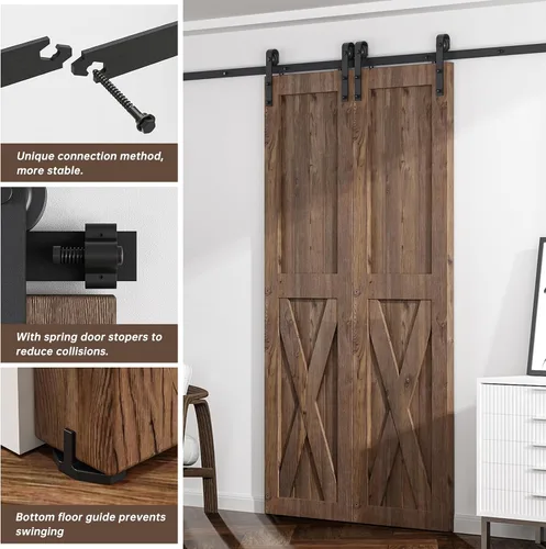 Vista 3 de Kit de herrajes para puerta corrediza de granero de 4 pies para puerta doble, riel de puerta corredera, fácil de instalar, suave y silencioso, se