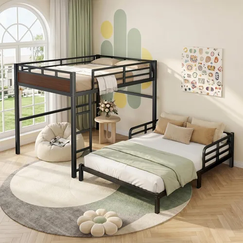 Vista 12 de Cama tipo loft de tamaño matrimonial con escaleras de almacenamiento integradas, armario, marco de cama alta de metal con barandilla lateral