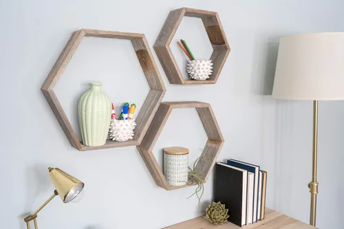 Vista 2 de BarnwoodUSA - Estantería de madera para colgar 100 % madera reciclada Juego de estantes flotantes hexagonales: hechos para el uso diario. Fácil