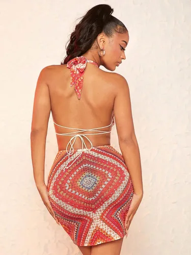 Vista 2 de WDIRARA Vestido ajustado para mujer, con estampado geográfico, con lazo, espalda descubierta, sin mangas, estilo bohemio