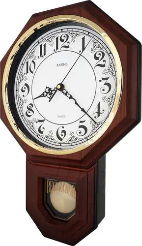 Vista 3 de JUSTIME Reloj Tradicional de Pared de Estilo Schoolhouse Clásico Vintage con Números Árabes, Reloj de Pared con Melodía con Péndulo y Melodía
