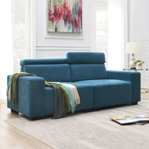 Vista 17 de Quarte Sofá modular moderno de 4 plazas con bolsillos para reposabrazos y 4 almohadas, sofá minimalista de tela de lino para sala de estar Gris