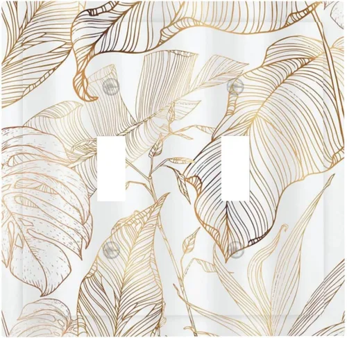 Vista 2 de Placa de pared decorativa con hojas de palmera tropicales de oro blanco, hoja de plátano, doble interruptor de luz de palanca decorativa, placa