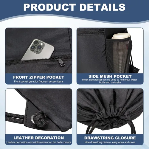 Vista 4 de HOLYLUCK Hombres y mujeres al aire libre deporte gimnasio saco impermeable cordón mochila bolsa negro, Negro -, Mediana, Cordón con bolsillo lateral