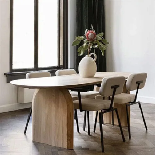 Vista 12 de Moderna mesa ovalada sólida con doble pedestal, madera natural, muebles de estilo Wabi-sabi para comedor, cocina, ocio, mesa de centro, color Marrón