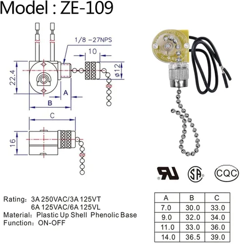 Vista 2 de Zing Ear ZE-109 - Interruptor de ventilador de techo, luz de dos cables de encendido y apagado con cables de cadena de tracción compatible