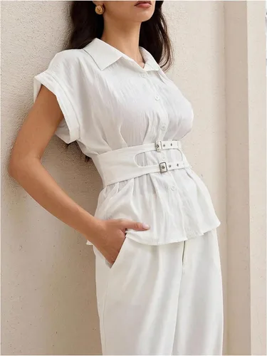 Vista 2 de OYOANGLE Blusa elegante con botones y doble hebilla y cinturón, manga Dolman con cuello
