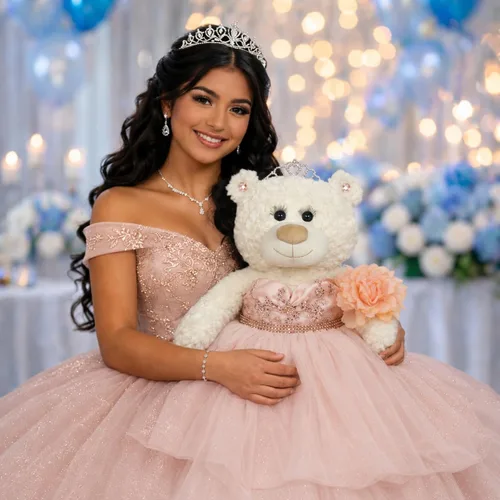Vista 2 de Centro de mesa grande de 20.0 in de oso de peluche de quinceañera - Vestido elegante, regalo de recuerdo de gran tamaño para 15 años, decoración