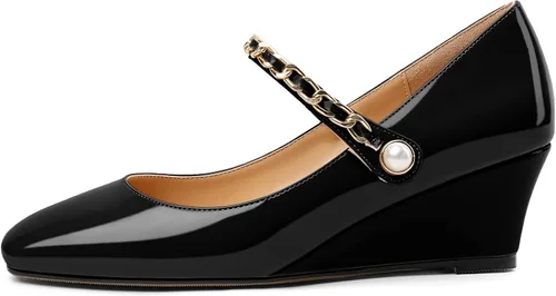 Vista 2 de Eldof Zapatos de tacón de cuña Mary Janes para mujer, con punta cuadrada, tacón bajo de cuña baja, zapatos de vestir para oficina y boda, 2 pulgadas