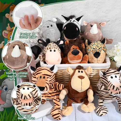 Vista 2 de Lenwen Juego de 10 títeres de mano de animales para niños, juguetes de selva de felpa suave con boca abierta y movible, amigo, safari, vida