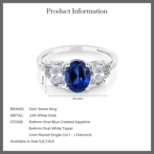 Vista 4 de Gem Stone King Anillo de compromiso de 3 piedras de topacio blanco y zafiro de oro blanco de 10 quilates para mujer