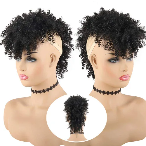 Vista 2 de KRSI Cola de caballo de pelo alto afro con flequillo, moño sintético rizado Mohawk Kinkys rizado cola de caballo con clip en colas de caballo