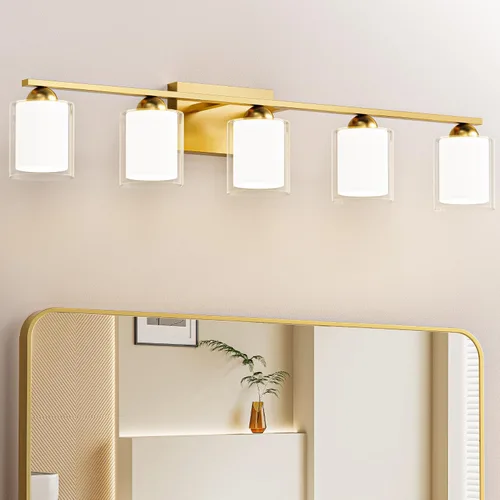 Vista 15 de Quntis Lámparas de baño de níquel cepillado con 5 modos de color, lámpara de tocador de baño moderna regulable de 3 luces sobre espejo, lámpara