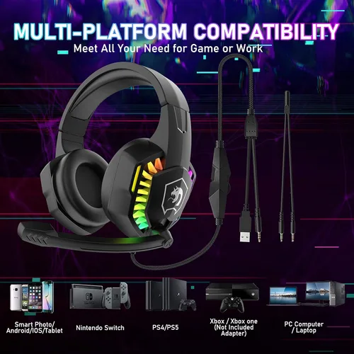 Vista 5 de Auriculares con cable para juegos con retroiluminación RGB arco iris, micrófono retráctil con aislamiento de ruido, sonido estéreo, graves