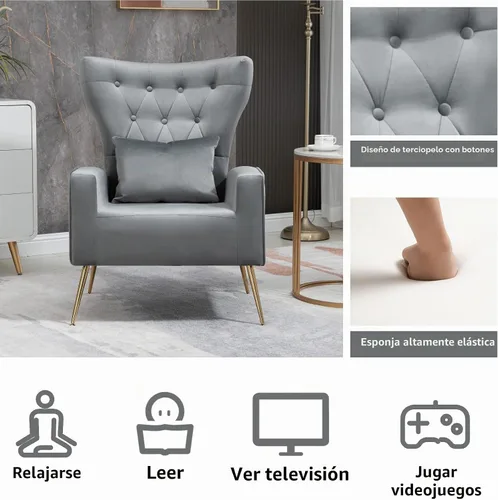 Vista 4 de ZJhome Juego de 2 Sillas de Sala con Capitoné, Silla de Acento de Terciopelo con Respaldo Alto con Almohada Lumbar, Sillas de Dormitorio Silla