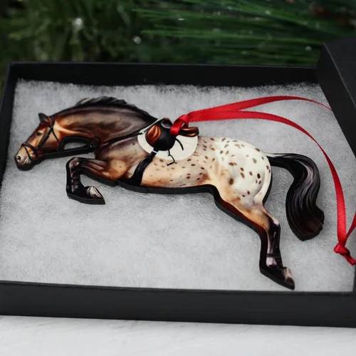 Vista 4 de Adorno de Navidad de caballo cazador, decoración de salto de caballo deportivo, regalos de caballo para ecuestre (manta moteada de bahía Appaloosa)