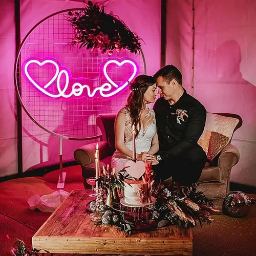 Vista 2 de Letrero de neón LED rosa con corazón de amor para boda, proponer matrimonio, día de la madre, día de San Valentín, decoración de pared, regulable