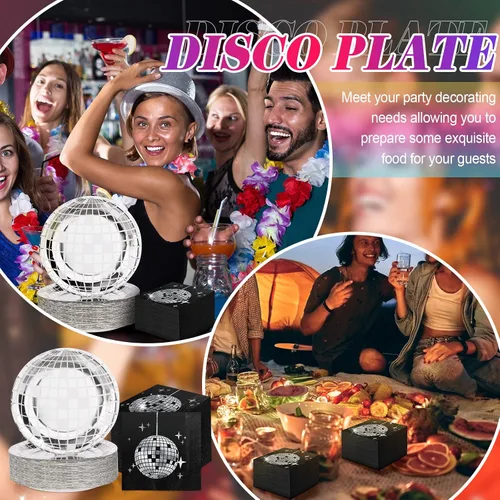 Vista 7 de Funtery 200 platos de discoteca y servilletas de los años 70 y 80, incluye platos de papel de bola de discoteca y servilletas para 100 invitados