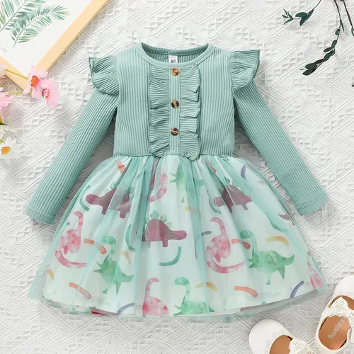 Vista 2 de Toddler Rib Princess Dress Floral Print Tulle Long Sleeve Baby Girls Ruffle Long Sleeve Round Neck Buttons Elegant Clothes