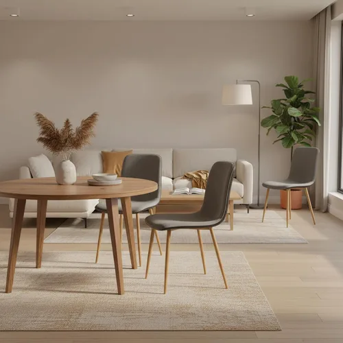 Vista 6 de FurnitureR Juego de 4 sillas de comedor, cómodas sillas auxiliares con respaldo de tela de poliuretano y patas de roble resistentes para cocina, Gris