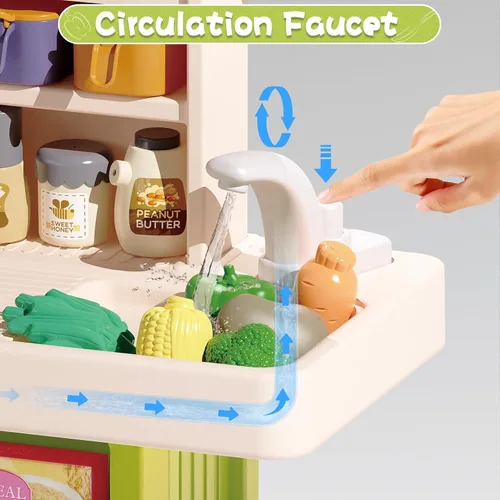Vista 3 de Juego de Cocina para Niños, 63 Piezas de Juguetes de Cocina de Juego de Simulación para Niños Pequeños, Estufa de Cocina con Sonido de Vapor y Luz