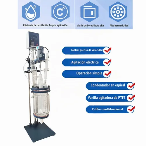 Vista 3 de Reactor de vidrio con camisa de doble capa de 5L - Recipiente de reacción química de laboratorio de 220 V con pantalla digital, velocidad continua