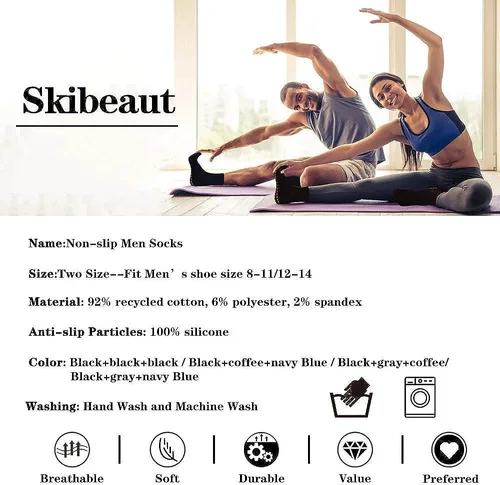 Vista 7 de SkiBeaut Calcetines antideslizantes para hombre, 3 pares de baldosas de madera, antideslizantes, para pilates, yoga, barre, hospital, pantuflas