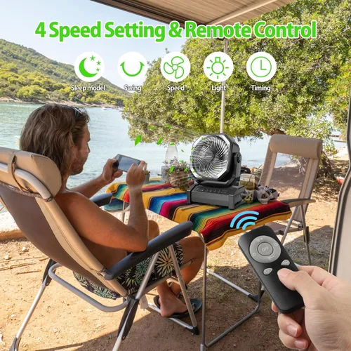Vista 3 de AddAcc Ventilador de camping recargable de 20000mAh - Ventilador operado por batería con luz y control remoto, oscilación automática, temporizador